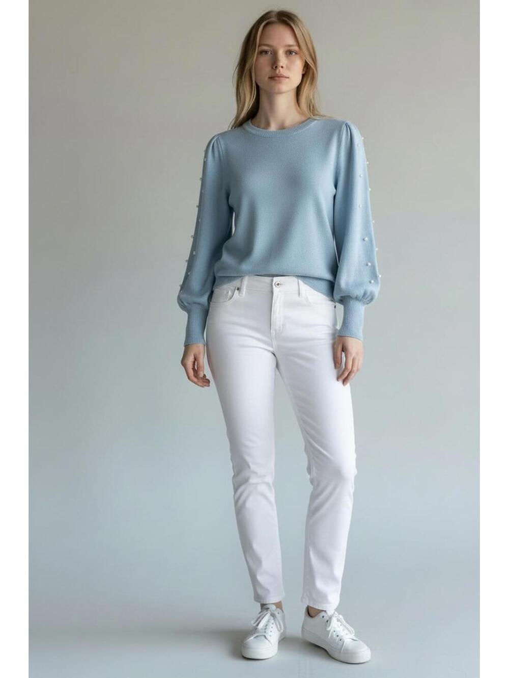 Belle by Kim Gravel “Class & Sass Miss Jo” Light Blue Pearl Sweater, Size M